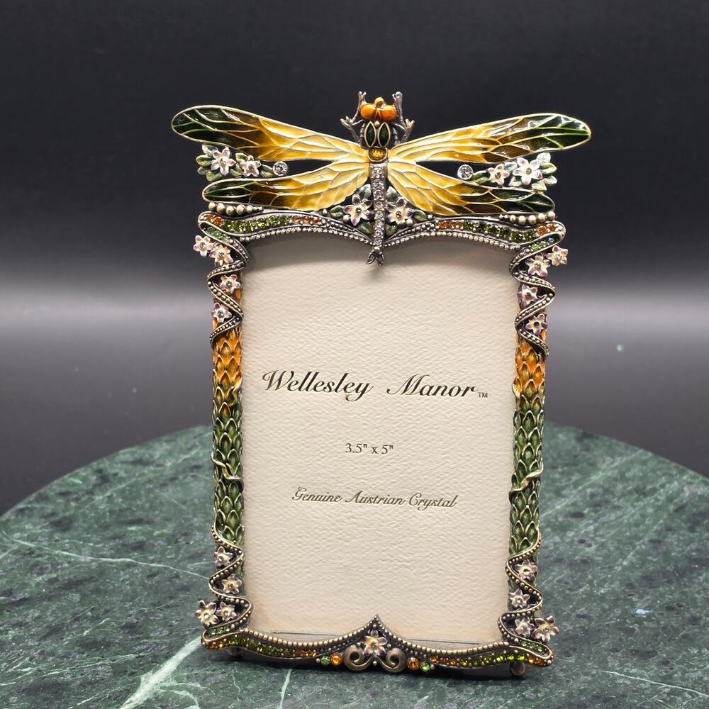 Wellesley Manor Dragonfly Picture Frame 3.5x5 Austrian Crystal Enamel Jeweled